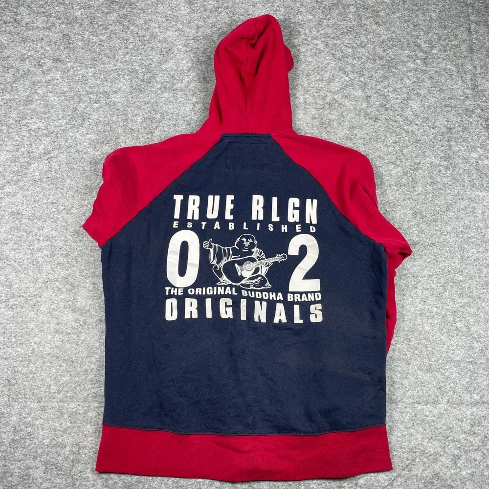 True Religion Zip Up Hoodie Mens L Navy Red Buddha Originals Colorblock Raglan