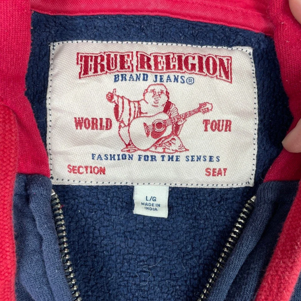 True Religion Zip Up Hoodie Mens L Navy Red Buddha Originals Colorblock Raglan
