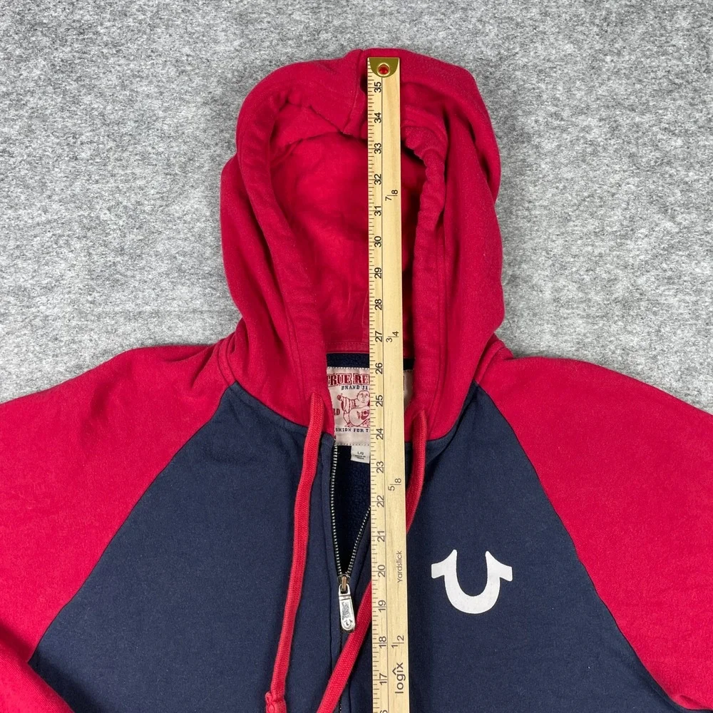 True Religion Zip Up Hoodie Mens L Navy Red Buddha Originals Colorblock Raglan
