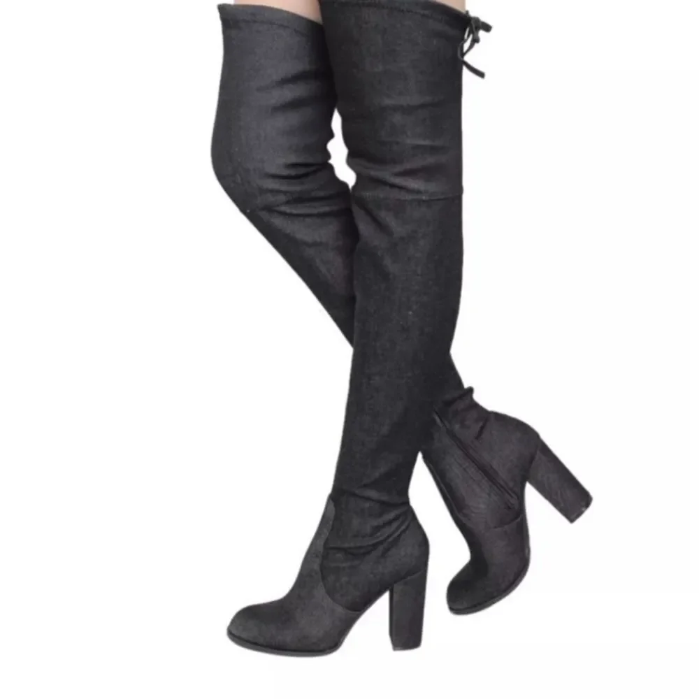 BLACK DENIM OVER THE KNEE BLOCK PLASFORM HEEL BOOT