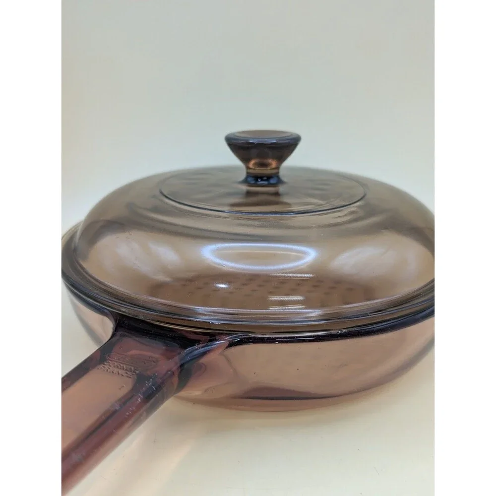 Vtg Corning Ware Visions Amber 7 Inch Frying Pan Waffle Bottom & Pyrex Lid V1.5C