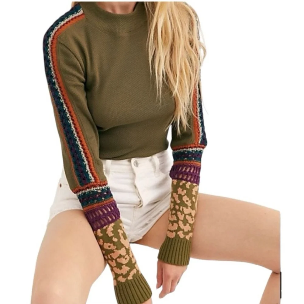 Free People Switch It Up Cuff Thermal Shirt Green Multi-color‎ Size XS