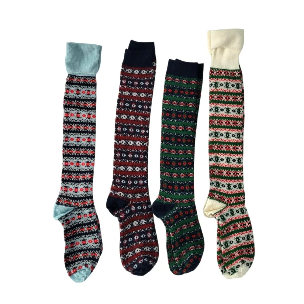 Vtg New 4 pair Retro Knee Socks Fair Isle Nordic Women Lot NOS Two Feet Ahead‎