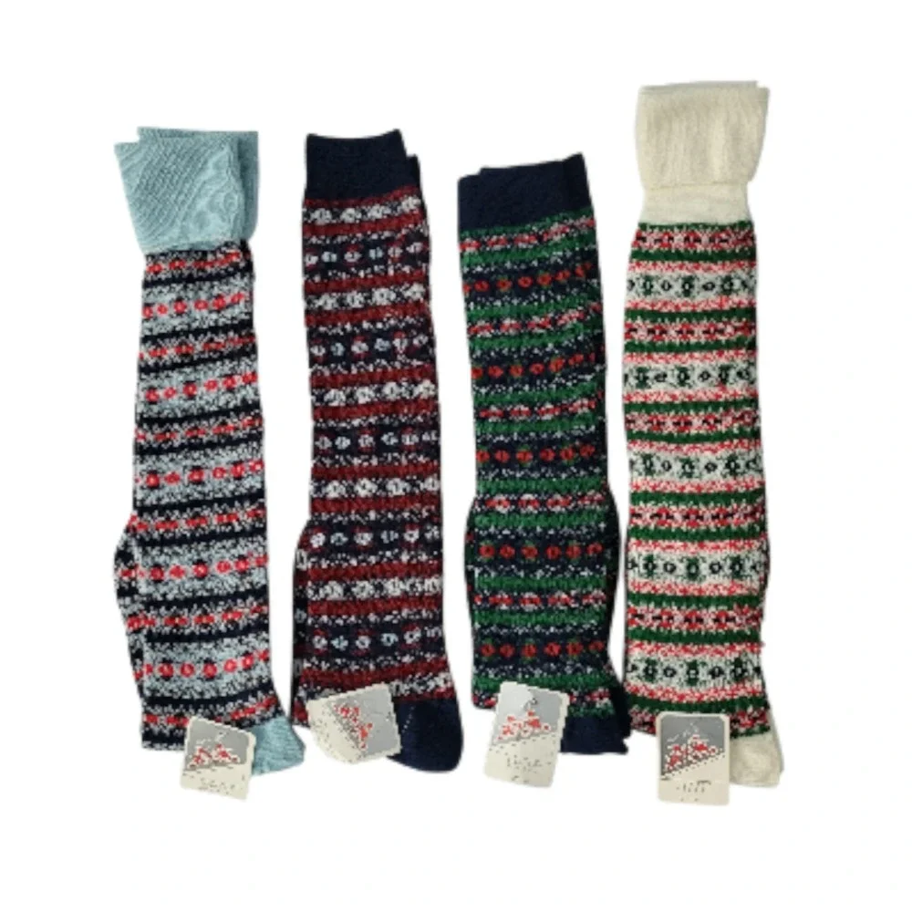 Vtg New 4 pair Retro Knee Socks Fair Isle Nordic Women Lot NOS Two Feet Ahead‎
