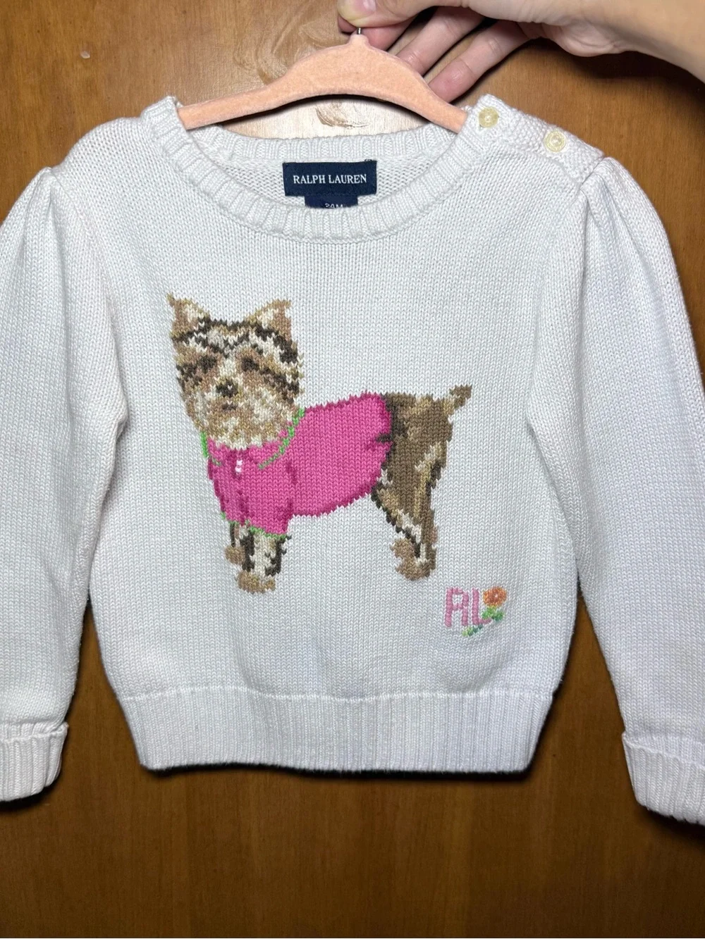 Ralph Lauren Yorkie Sweater 24M White Intarsia Knit Dog Puffed Shoulder Toddler