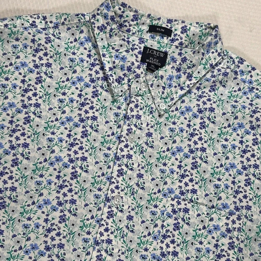 J Crew‎ Flex Washed Slim Fit Shirt XL Mens Blue Green Floral Short Sleeve Button