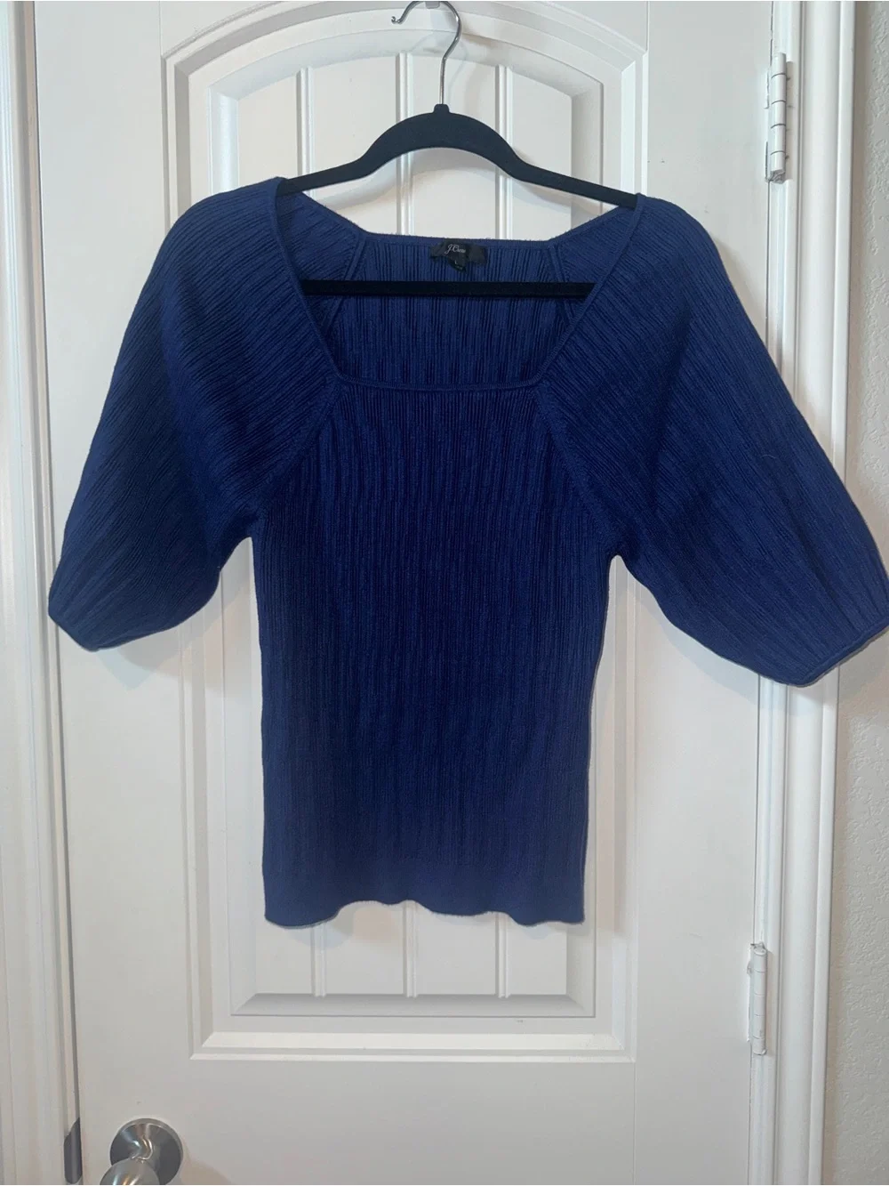 J. Crew Navy Ribbed‎ Square-Neck Puff Sleeve Top