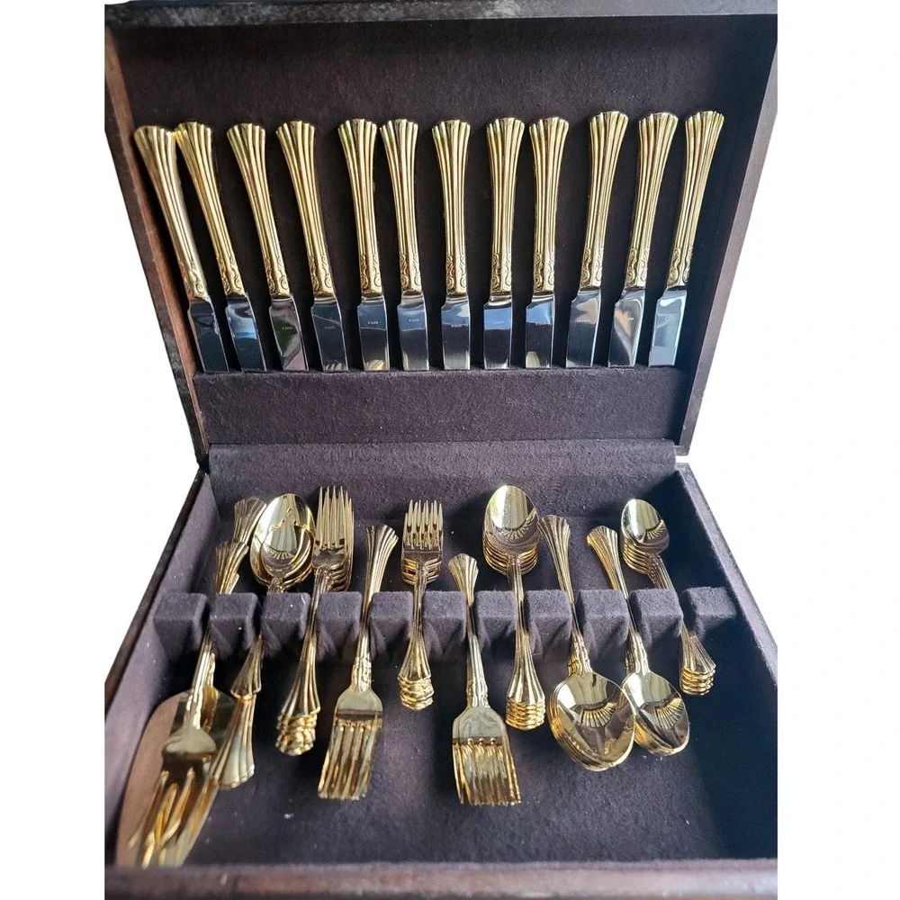 66‎ PC Supreme Cutlery by Towle Gold Aristocat Electroplated Flatware Set Korea
