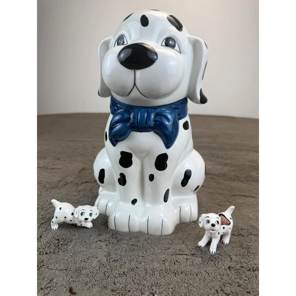Vintage Dalmatian Ceramic Cookie Jar with‎ 2 Puppy Figurines Blue Bow Set