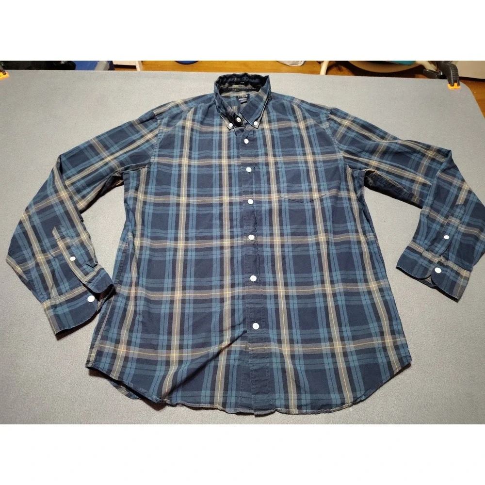 J. Crew Shirt Men L Slim Blue Plaid Work Country Long Sleeve Button Down‎ Flex