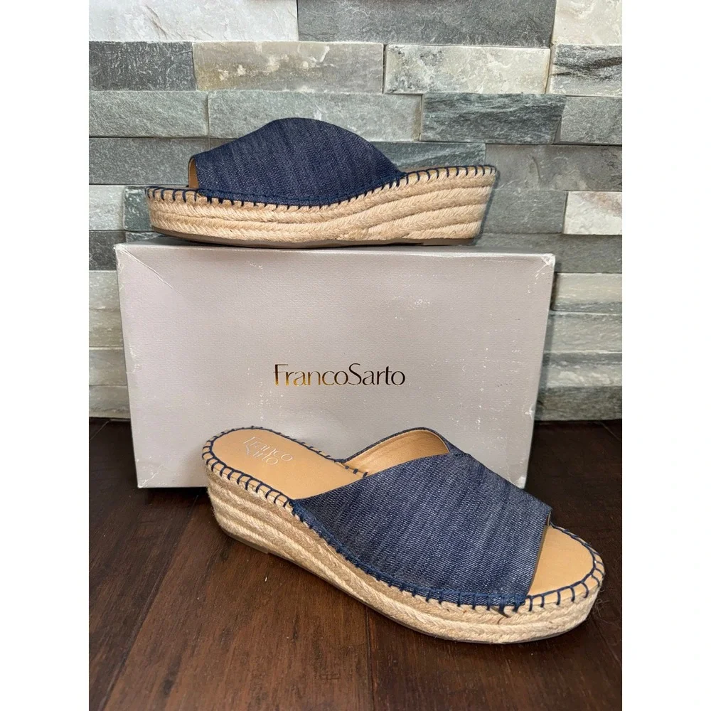 Franco Sarto Denim Espadrille Wedge Sandals‎ Mule Blue Wide 8.5W Resortwear NWT