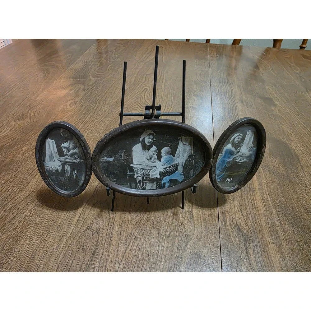 Antique 1928 Triptych Oval Photo Frame Mother and Child Hand Tinted 8.25 Inch