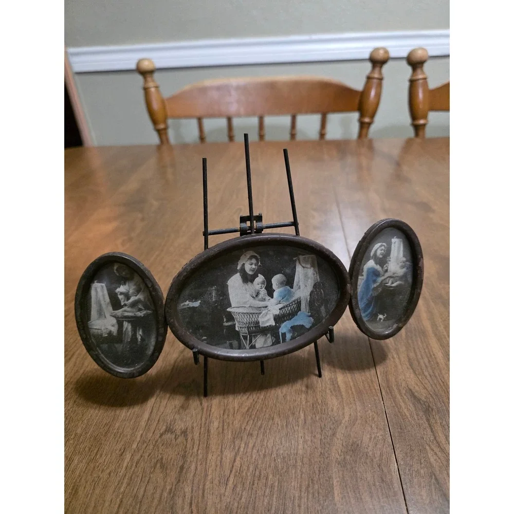 Antique 1928 Triptych Oval Photo Frame Mother and Child Hand Tinted 8.25 Inch