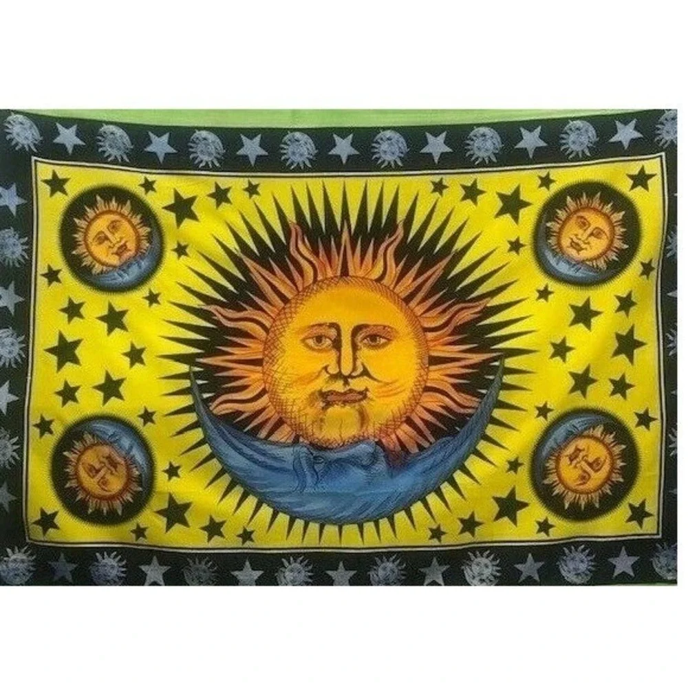 Boho Sun Moon Stars cotton Wall Hanging Throw Blanket Yellow Black Green full sz