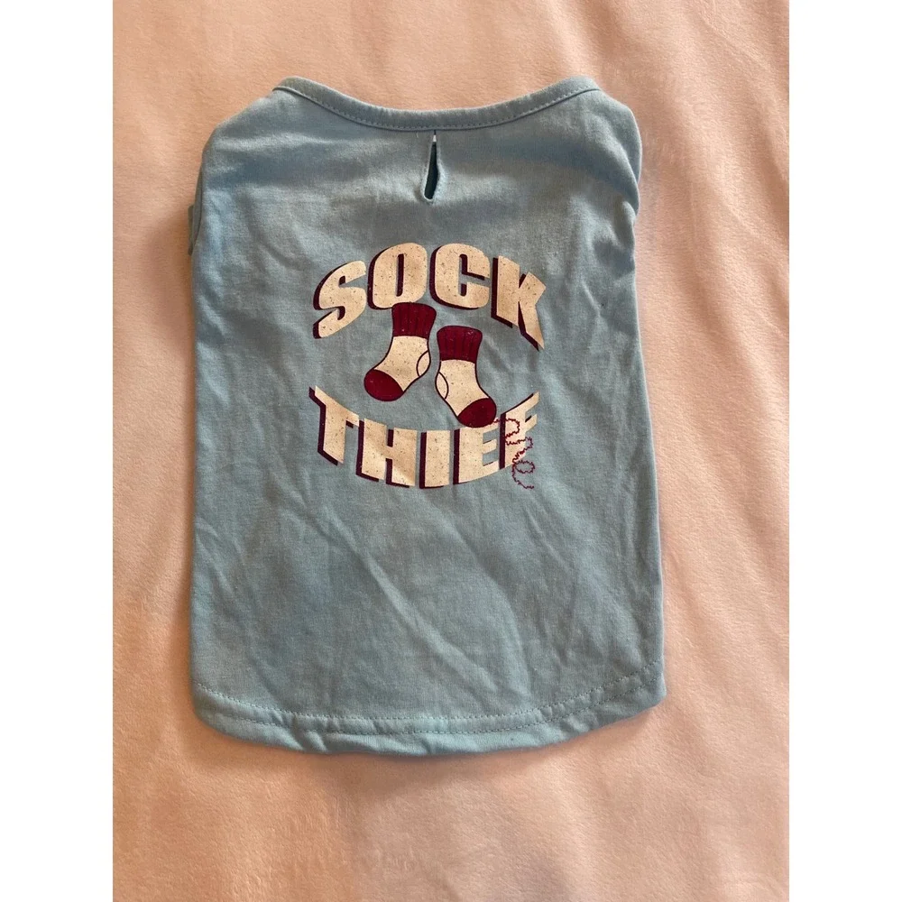 Sock‎ Thief Pet T-Shirt Light Blue Graphic Dog Tee Leash Hole Size Small