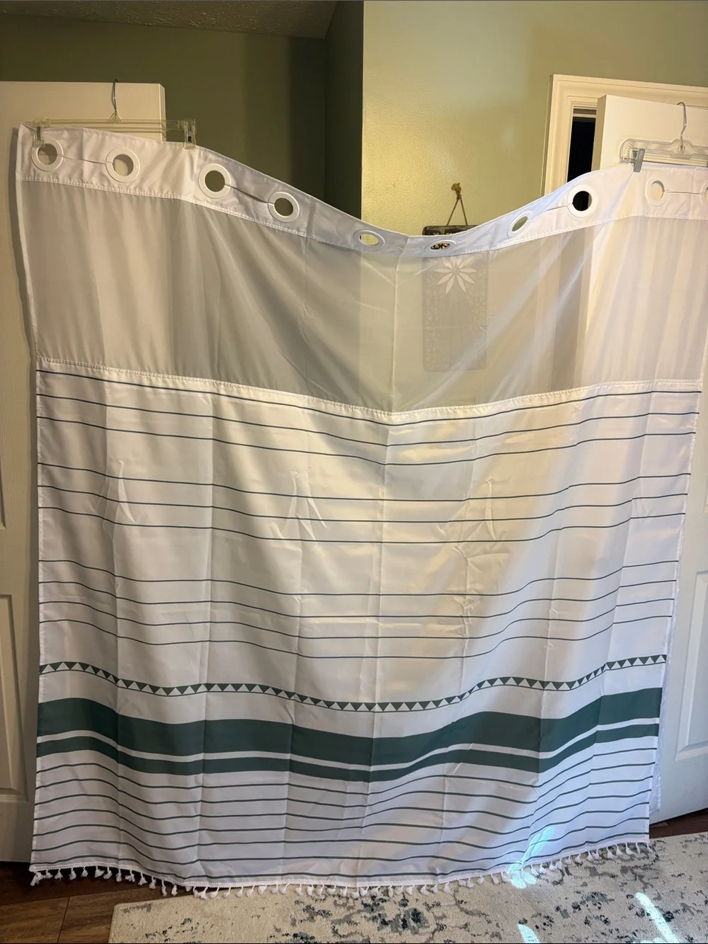 White and Dark Green Striped Shower Curtain with Tassel Trim, NWOT, never used.