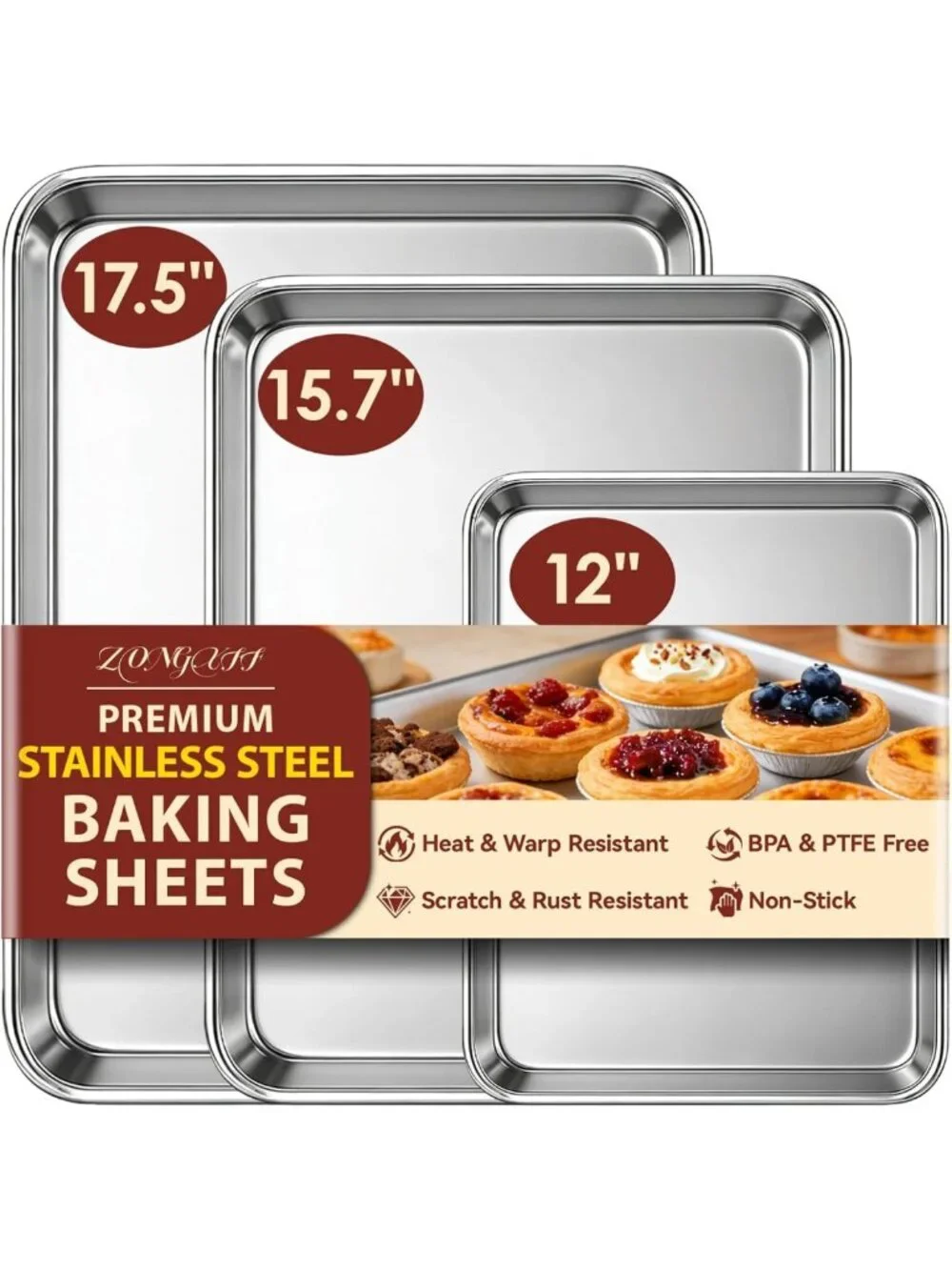 Stainless Steel Baking Sheet Set of 3 - Non-Stick Cookie Sheets for Easy Baking