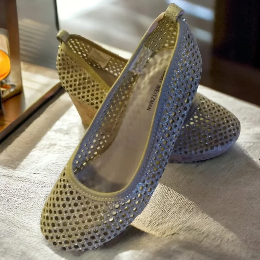 STUART WEITZMAN (3) GIRLS CAY LACE PLATINUM NOIR HEEL WEDGE Size 3 LIKE NEW