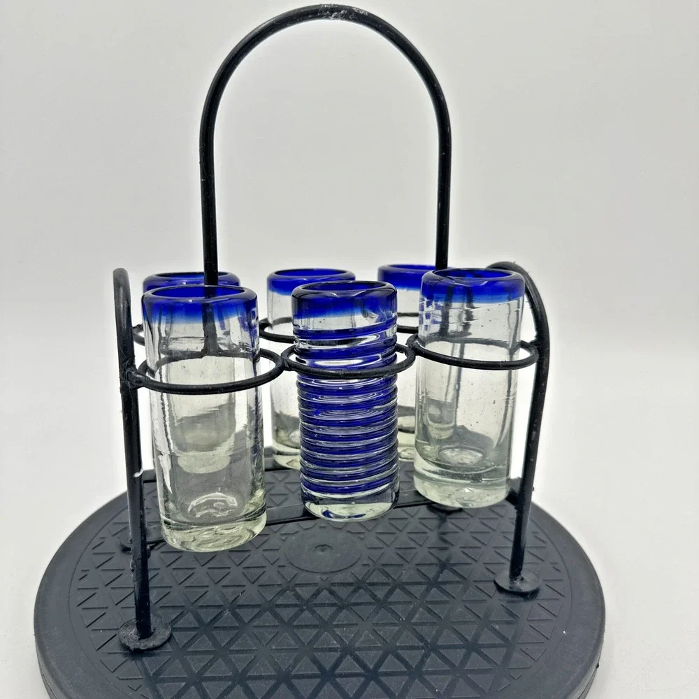 Hand blown Shot Glasses With Metal Caddy. Set Of 6