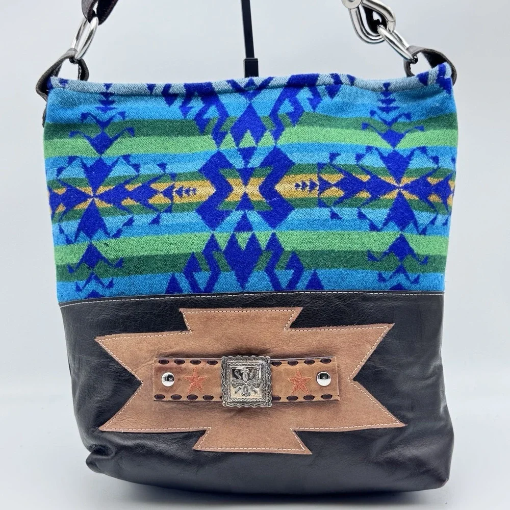 Custom Pendleton Upcycled Leather & Wool Nan-Made Pecos Hobo Crossbody Tote‎ Bag