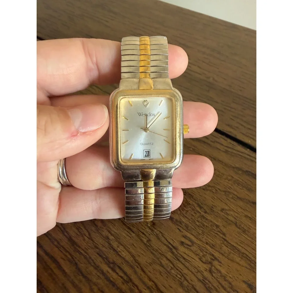 Westclox Watch Silver Gold Silver Date Rectangle LTX217 Two Tone Quartz