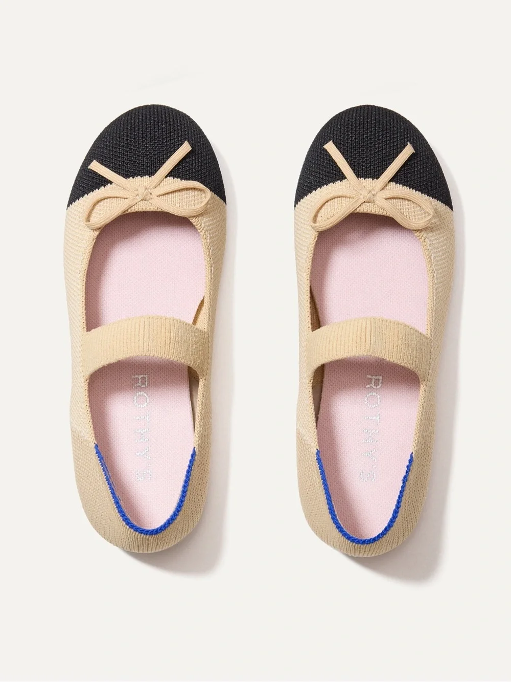 Rothy's Kids Beige and Black Mary Jane Flats with Pink Insole