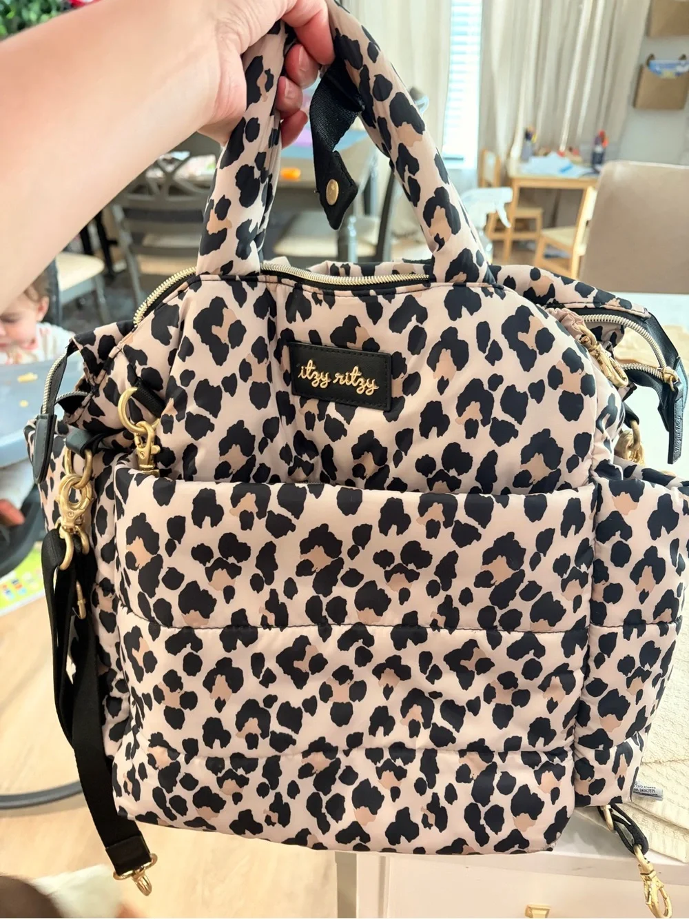 Itzy Ritzy Beige and Black Leopard Quilted Diaper Bag Tote