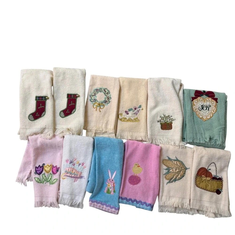 Vintage Embroidered Holiday Fingertip Towel Set 12pc Christmas Easter Fall Decor