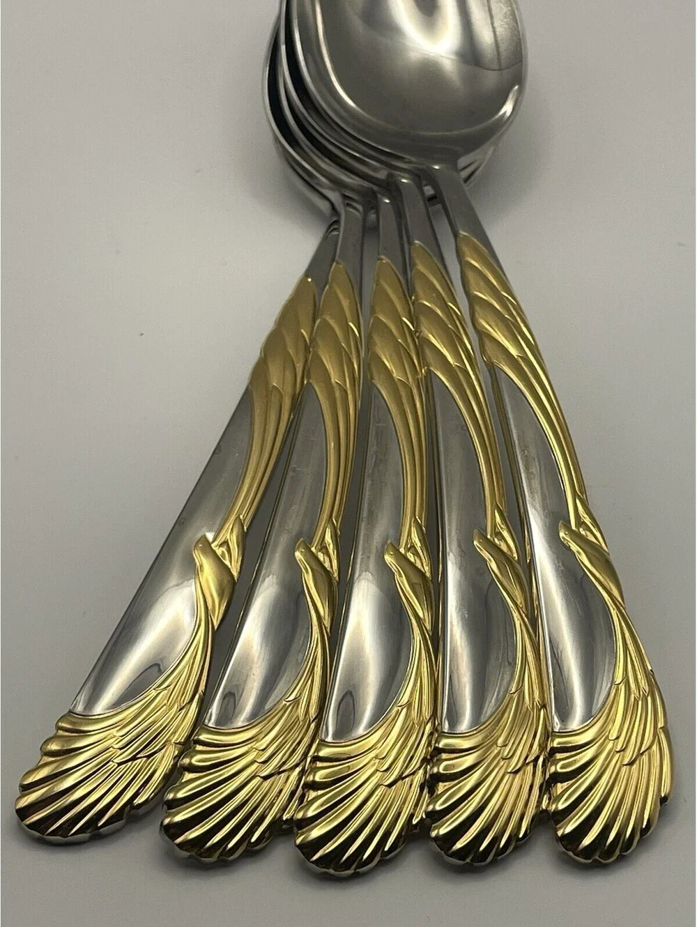 (5) Sasaki WINGS Gold Accent Gerald Patrick Stainless Place Spoon Lot ~ 7 5/8”