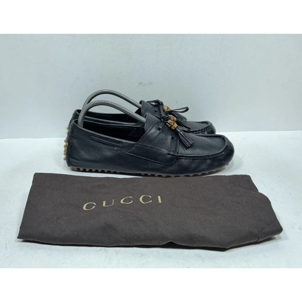 Gucci Bamboo‎ Tassel Loafer Black Leather Driver Men's Size 9 US / 8 UK G Shoes