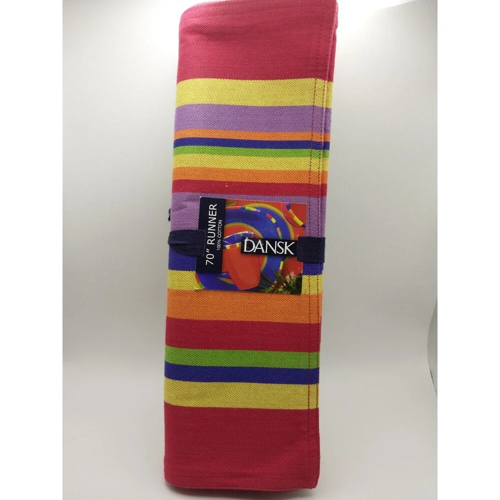 Vintage Dansk Antigua Rainbow Stripe Table Runner 70 inch 100 Percent Cotton NWT