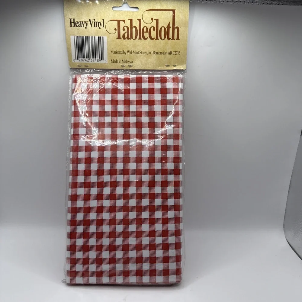 VINTAGE NOS Red & White Gingham Heavy Vinyl Tablecloth 54
