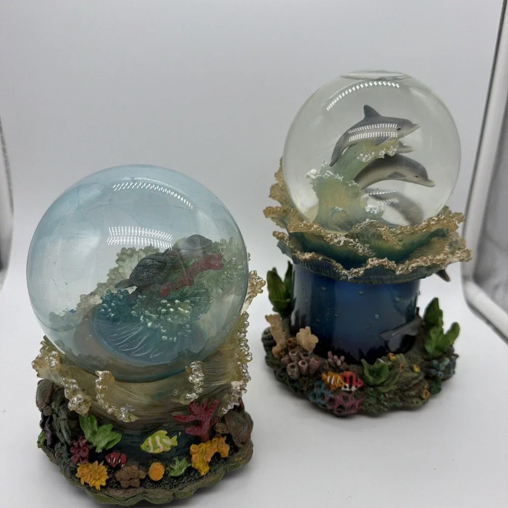 Vintage 2 Snow Globes Turtles & Dolphins On‎ Coral Reefs Music Box Parts Only