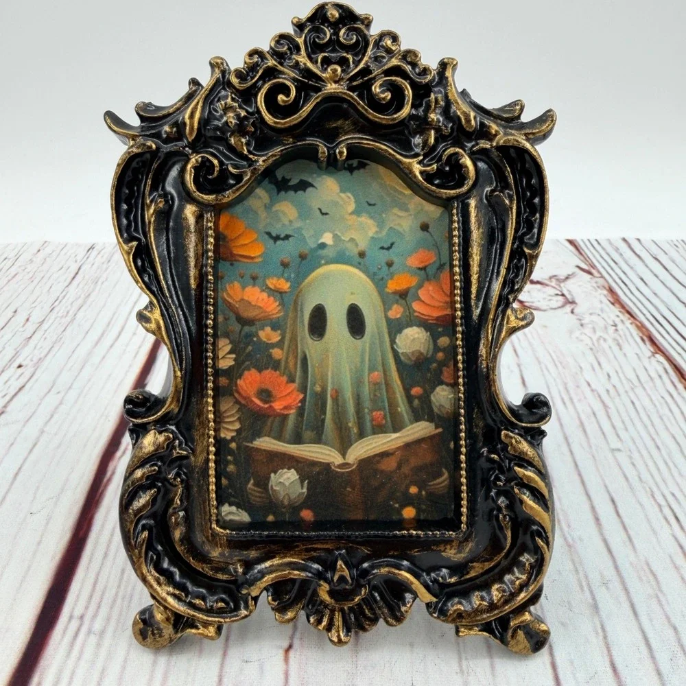 Ghost Reading Book Ornate Gold Black Resin Frame Decoupage Art Print 5in
