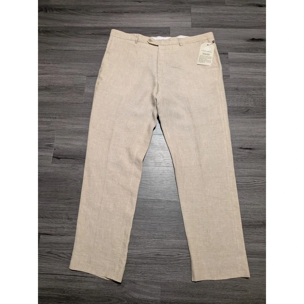 NWT Joseph Abboud Men's Brown 100% Linen Flat Front‎ Pant Size 40x30 (Actual 42)