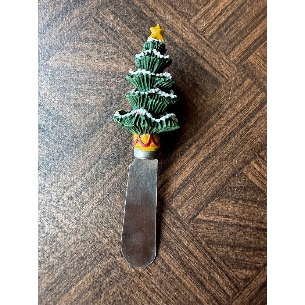 Vintage Christmas Tree Cheese Spreader Holiday Resin Handle Stainless Steel