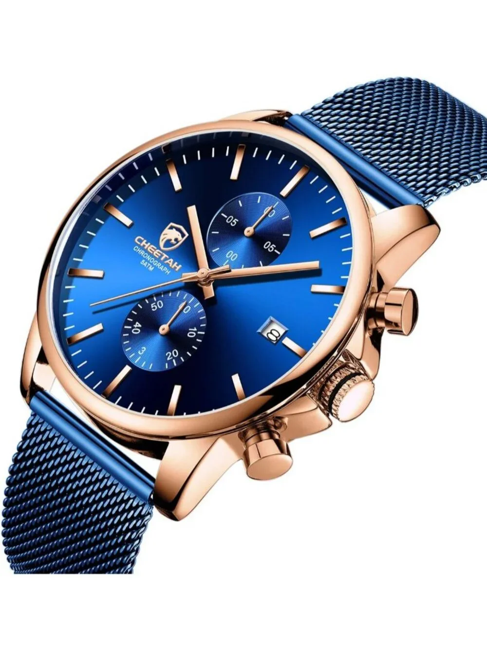 Men's Rose Blue Mesh Stainless Steel Minimalist Quartz Analog Chronograph Watch