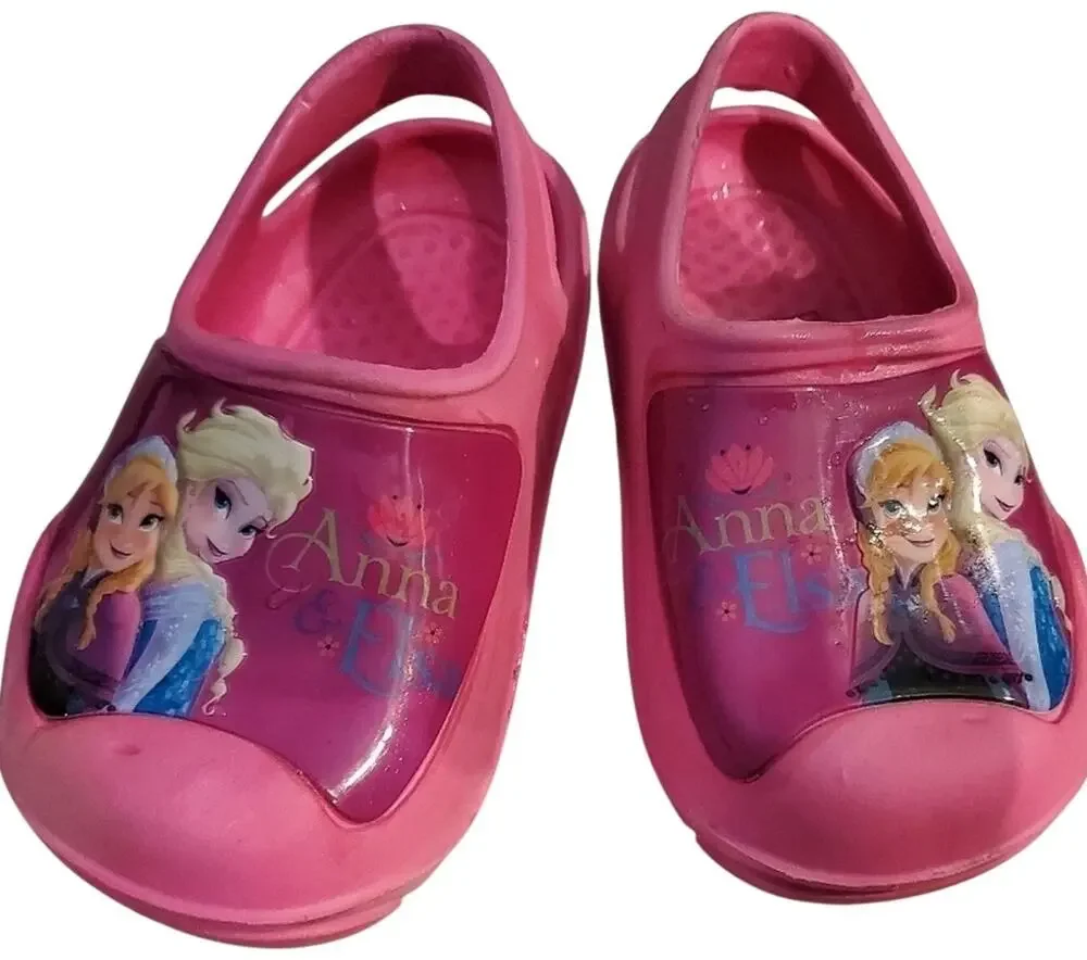 𝅺Disney Frozen Elsa & Ana CLOG style Rubber Pink Slip On shoes Size 7/8