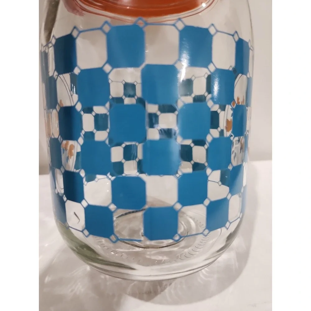 Vintage Carlton Glass Jar With Blue Checkered Pattern And Floral Design‎