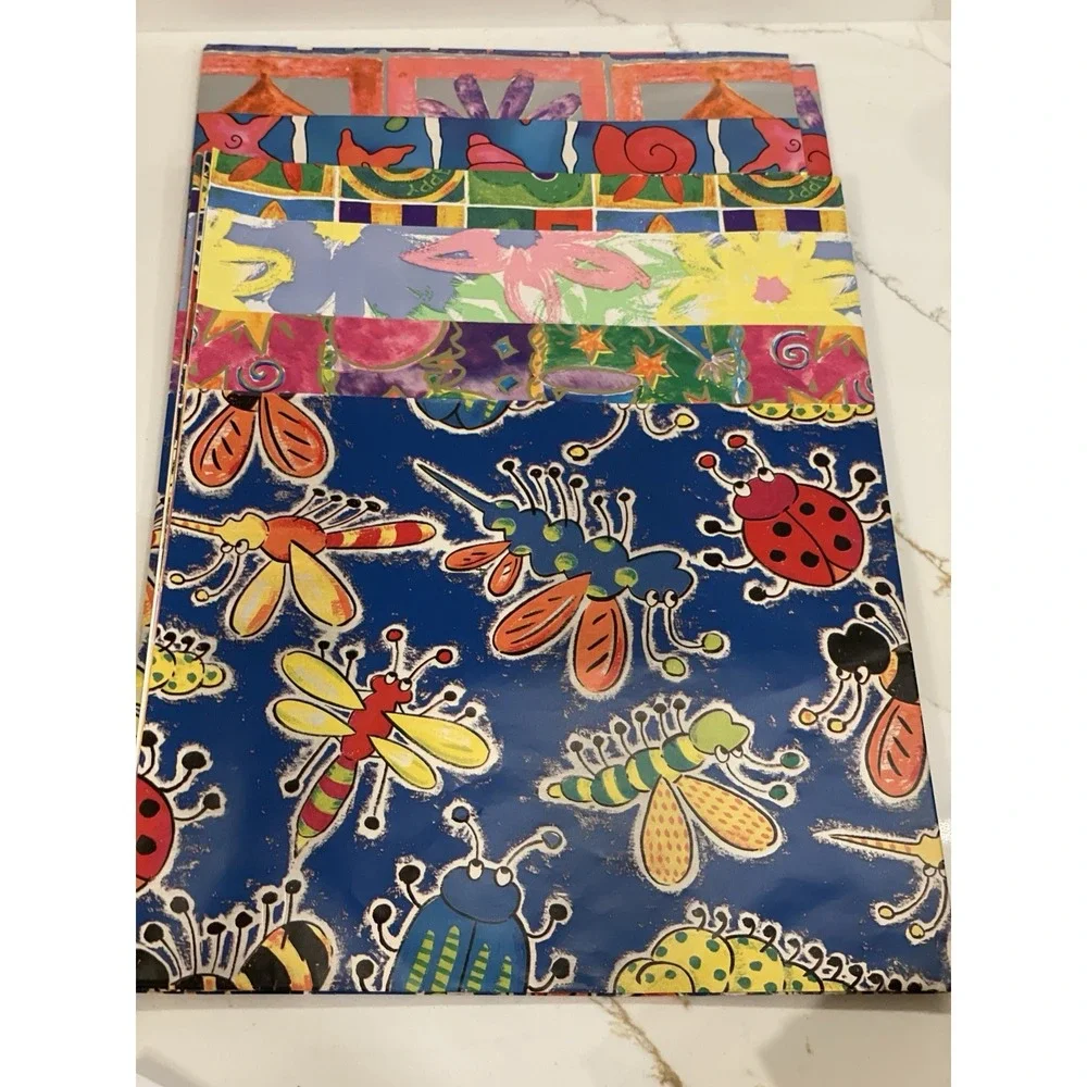 Vintage Gift Wrap Sheets 90s Y2K Retro Funky Set of 6 Open‎ Birthday Bugs Floral