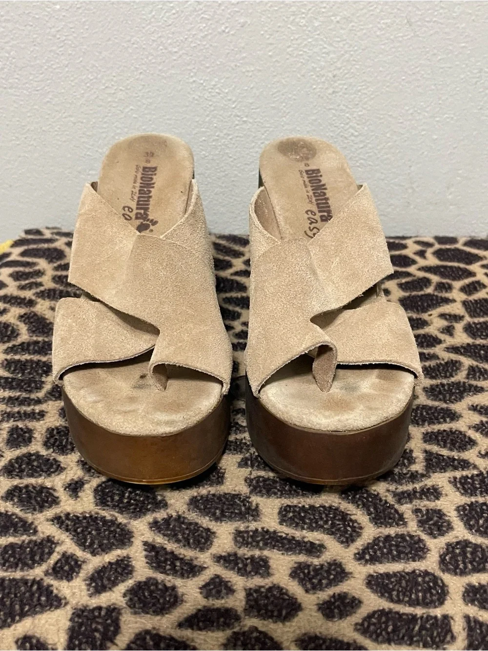BioNatura Easy Chunky Platform Toe Loop Sandals Beige Suede Boho Womens 39/8