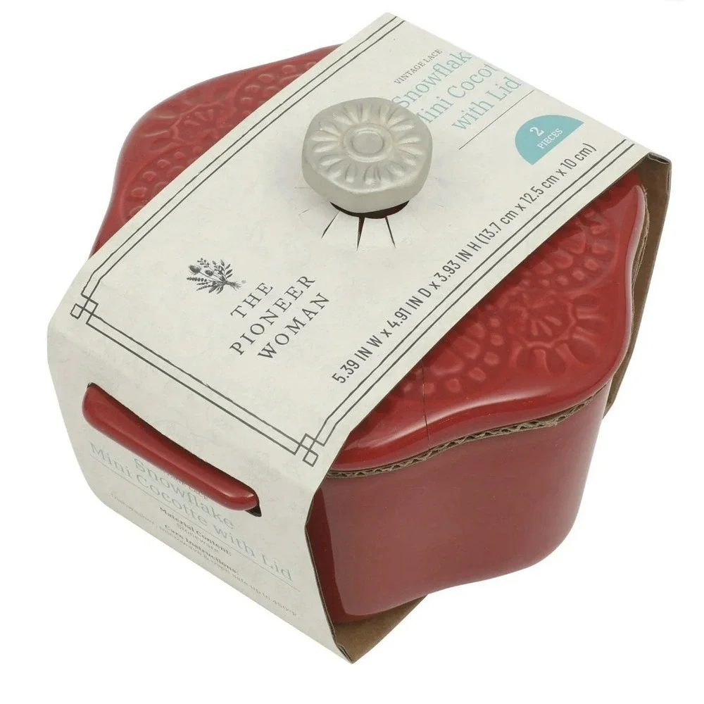 Pioneer Woman Snowflake‎ Mini Cocotte With Lid Stoneware Red Christmas Holidays