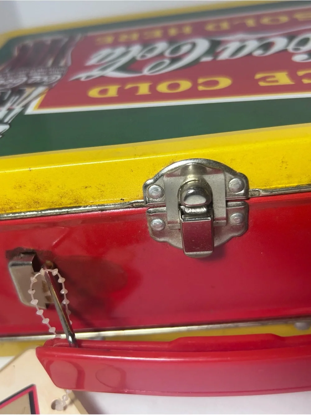 Coca Cola Yellow & Green Metal Lunchbox with Red Handle