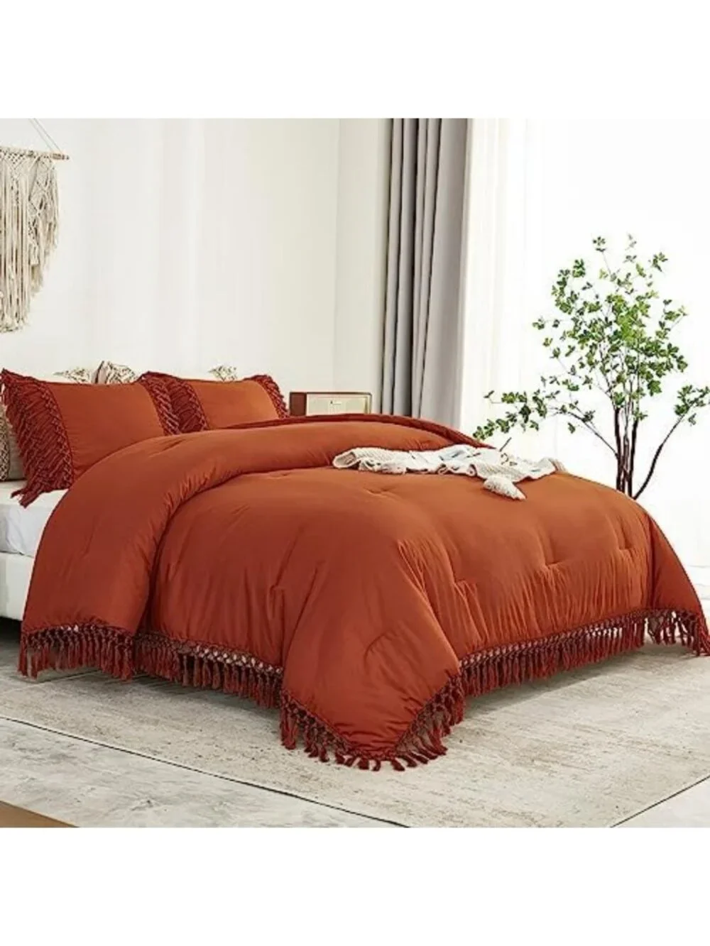 Boho Terracotta Queen Comforter Set, 3-Piece Tassel Bedding for Cozy Home Decor