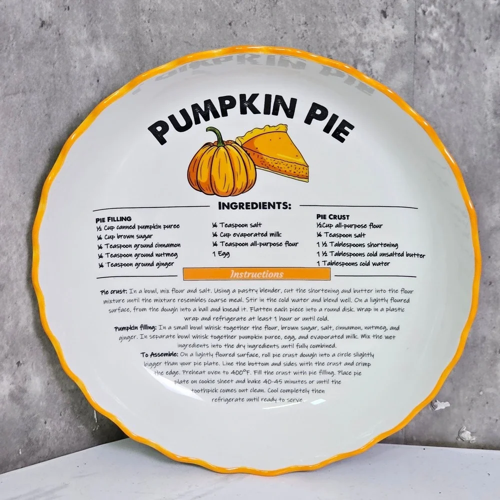 Ceramic Pumpkin Pie Recipe Plate Scalloped Orange Rim 10.5