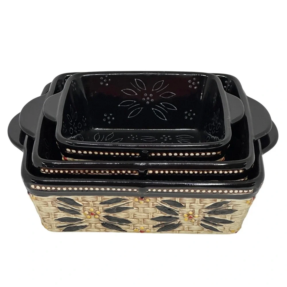 Temp-tations Baker Set Black Old World Basketweave Floral 3 Piece Bakeware