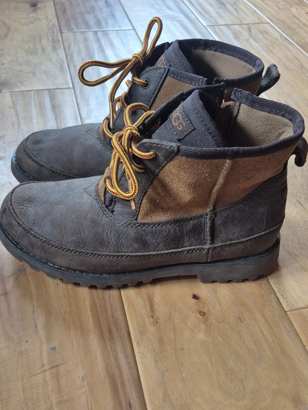 UGG Bradley Two Toned Brown Suede And Leather Boots with Yellow Accent Laces