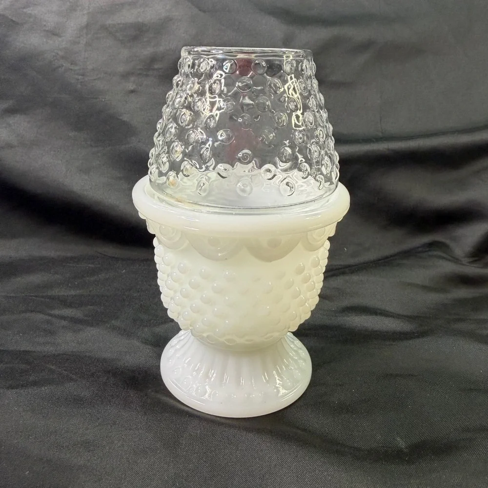 Vintage Avon Milk Glass Hobnail Fairy Lamp Votive Holder Clear Top 2 Piece