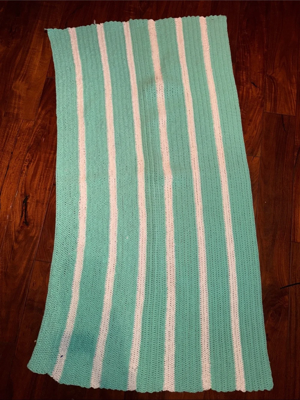 Aqua and White Striped hand Crochet Throw Blanket - Cozy Home Accent a