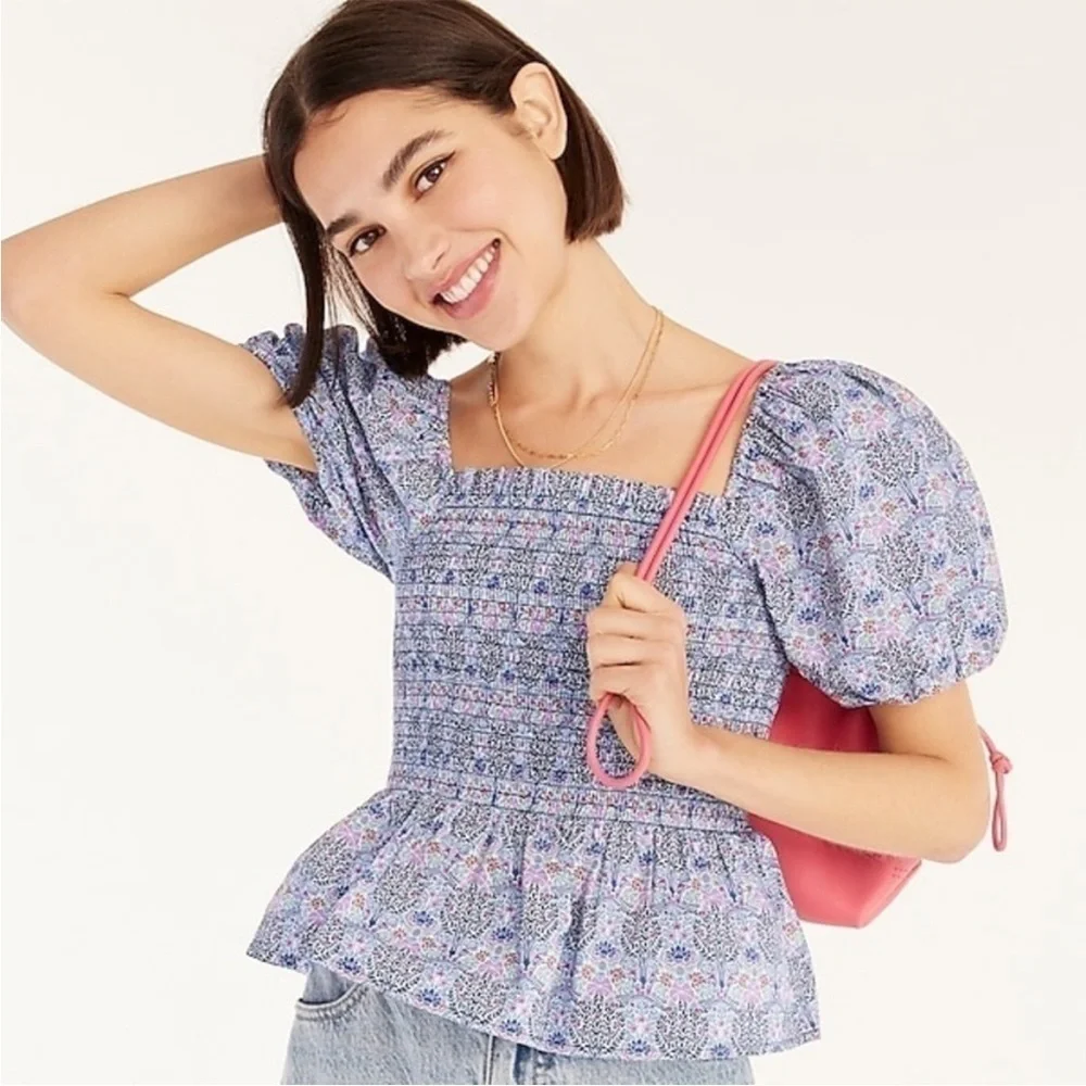 J Crew Smocked Sqareneck Organic Cotton Top Liberty Club Nouveau Purple Floral S